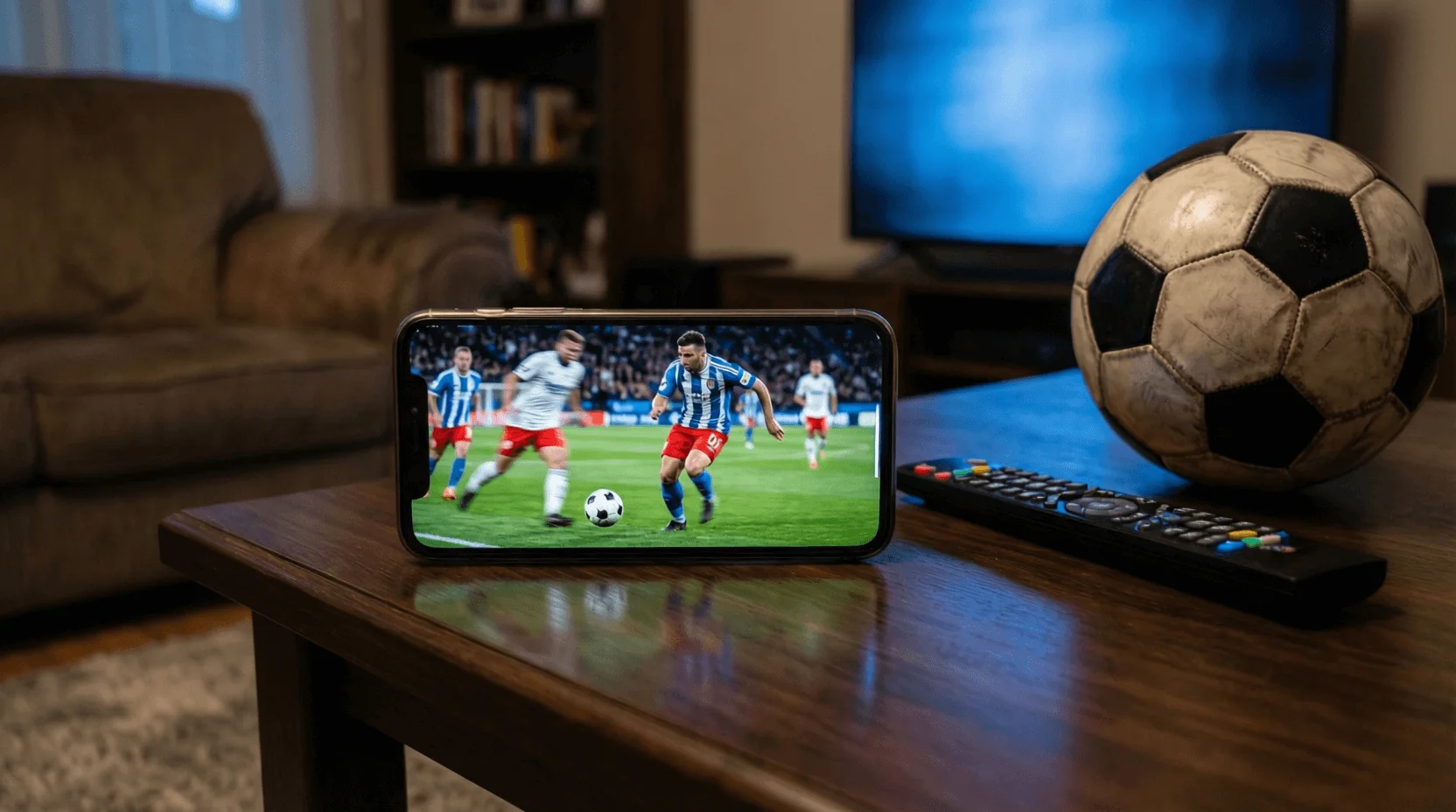 Smartphone met voetbalwedstrijd livestream naast een voetbal