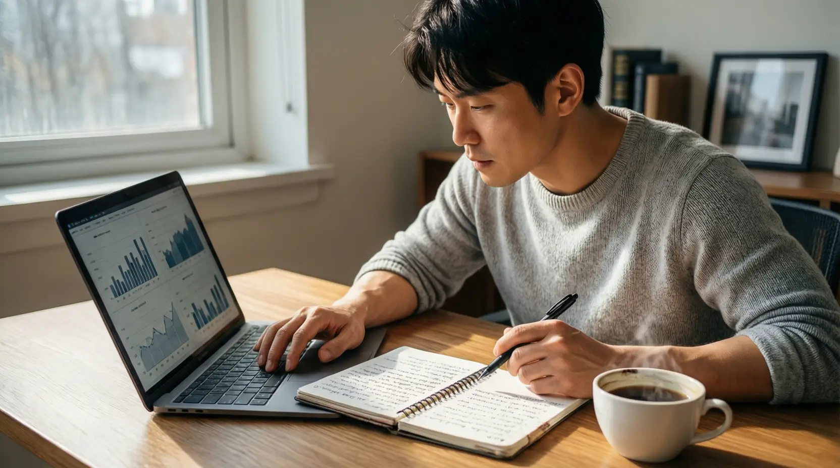 Persoon analyseert voetbalstatistieken op laptop met notitieblok