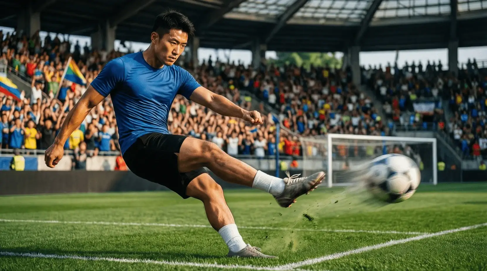 Voetbalspeler schiet op doel tijdens professionele wedstrijd op groen grasveld