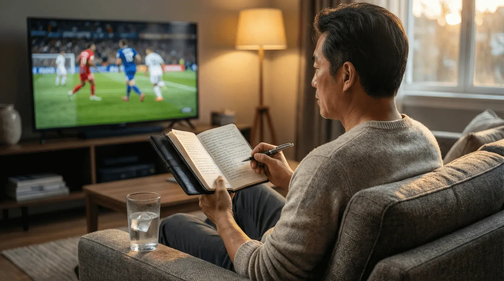 Persoon maakt aantekeningen tijdens het kijken van een voetbalwedstrijd