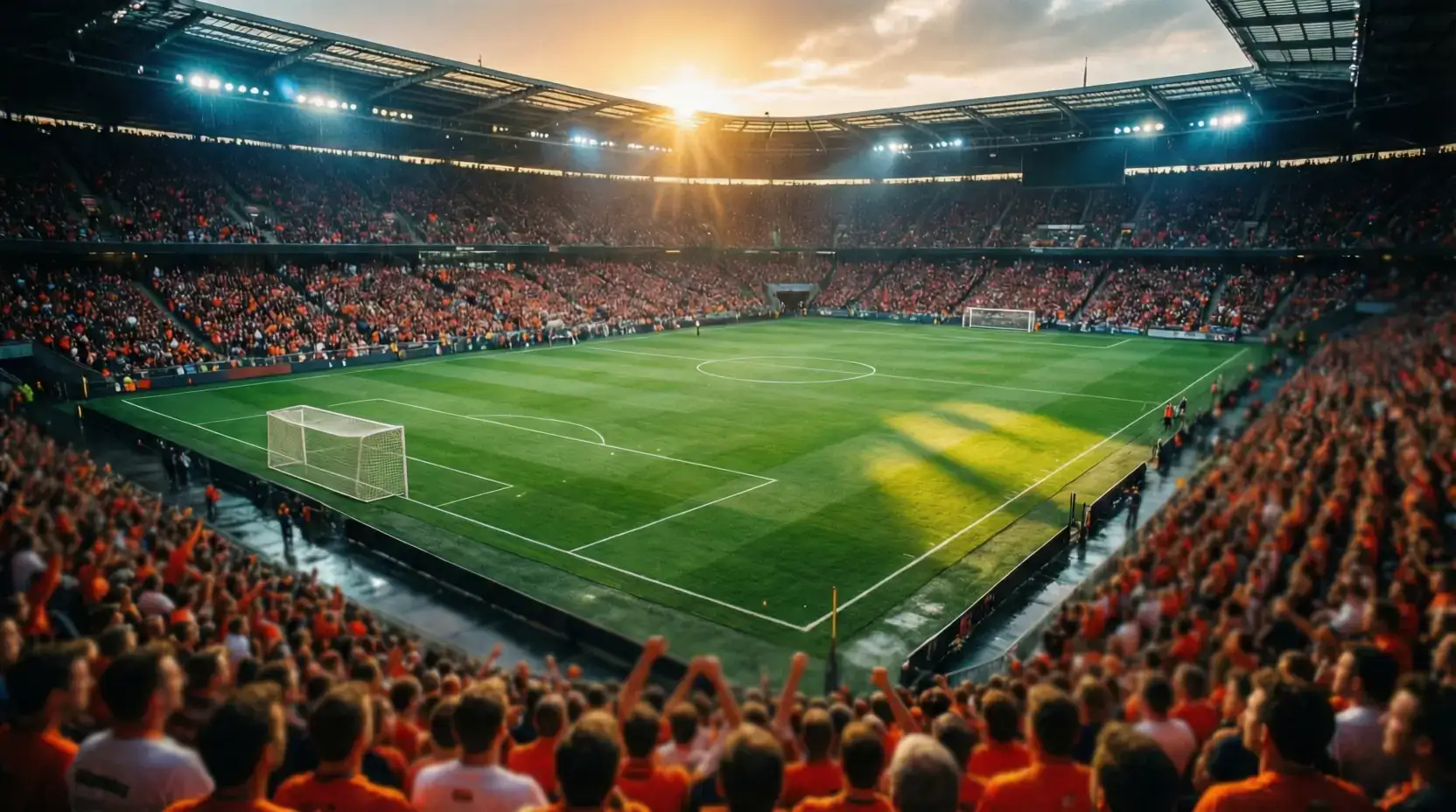Voetbalstadion met supporters tijdens een avondwedstrijd met verlichte tribunes